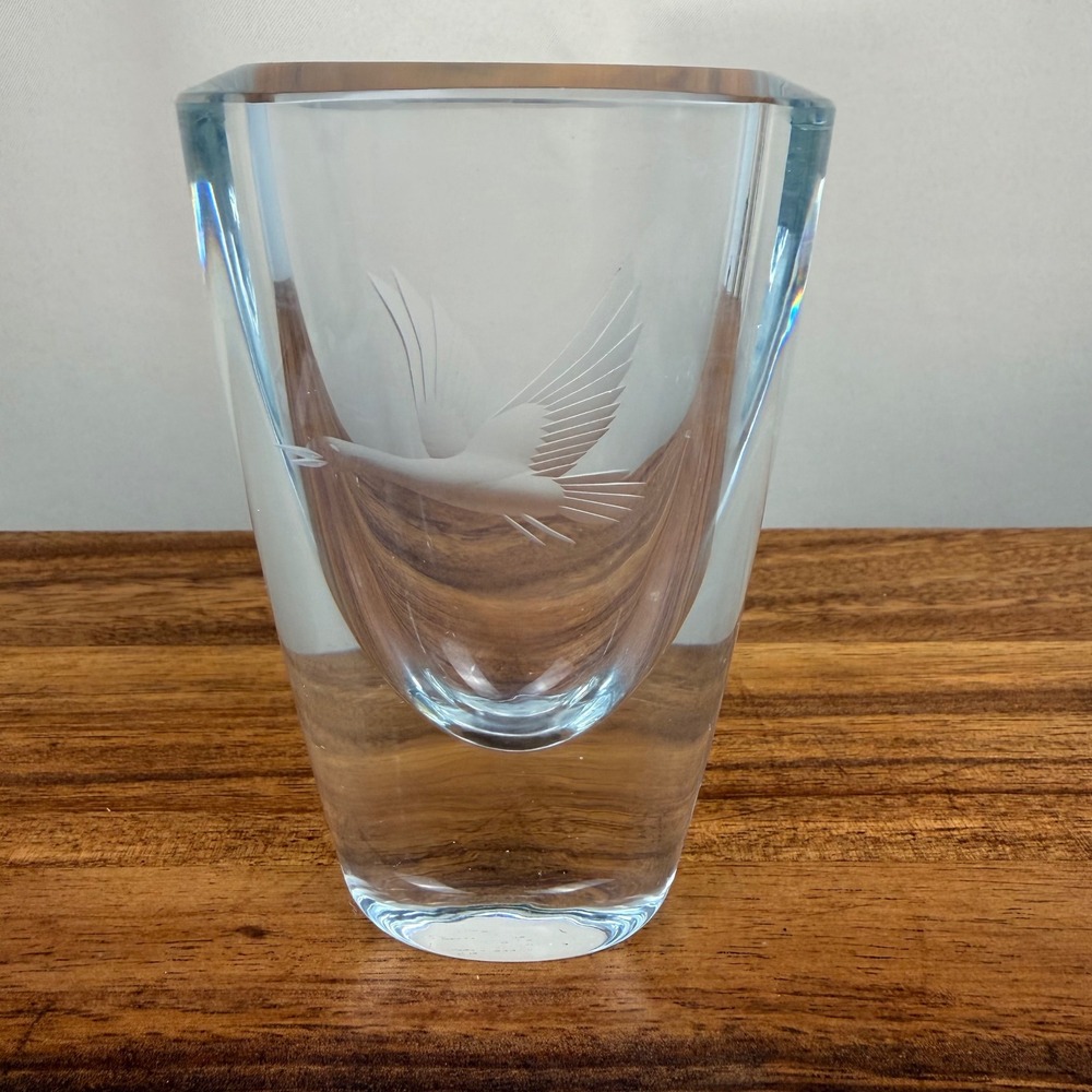 Strombergshyttan Swedish Art Glass Vase Etched Bird Crystal Mid Century Modern